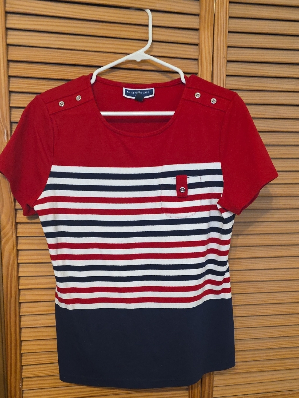 Karen Scott Red Navy White Striped Button-Shoulder Tee